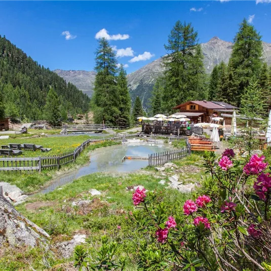 Eine malerische Landschaft mit grünen Wiesen und hohen Bäumen. Im Hintergrund sieht man ein gemütliches Holzhaus und blühende Blumen im Vordergrund.