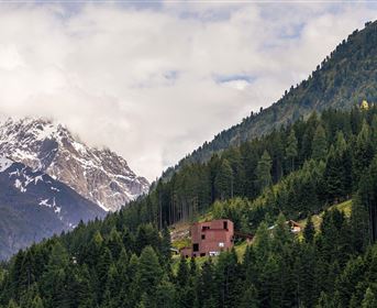 Eine malerische Berglandschaft mit schneebedeckten Gipfeln und dichten Wäldern. Im Vordergrund steht ein einzigartiges Gebäude, umgeben von der Natur.