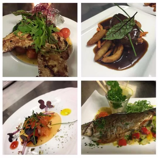 A selection of four delicious dishes on white plates. Featured are fish, meat, and a fresh salad with various side dishes.