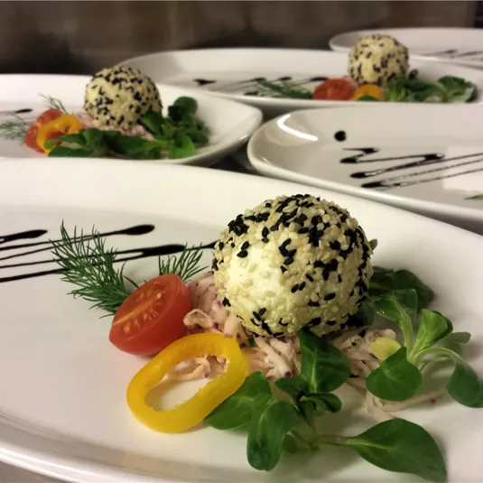 Ein elegant angerichteter Teller mit einem Reisball, der mit schwarzem Sesam bestreut ist. Daneben liegen frische Kräuter, Tomaten und bunte Paprika.