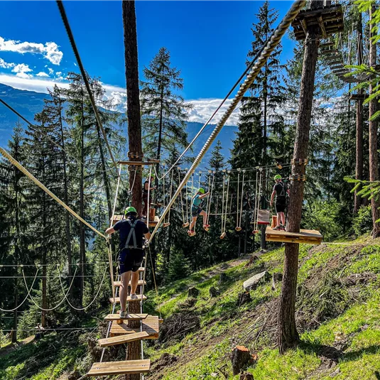 Ein Abenteuerpark im Wald mit Seilrutschen und Hochseilelementen. Die Sonne scheint über die Bäume und die Berge im Hintergrund sind sichtbar.