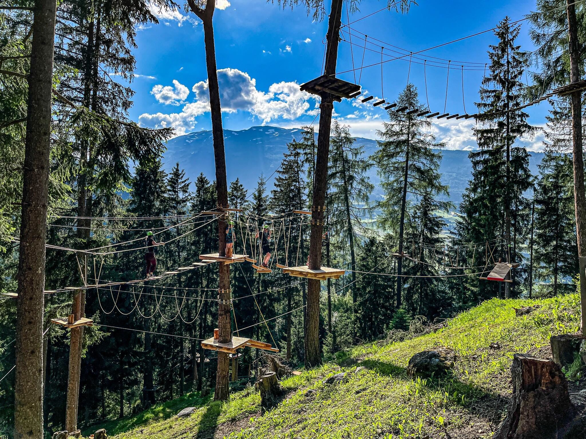 Ein Kletterpark in einem Wald mit Hochseilelementen. Die Sonne scheint zwischen den Bäumen durch und der Himmel ist blau mit einigen Wolken.