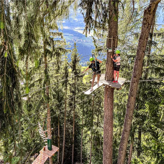 Zwei Personen auf einer Plattform zwischen hohen Bäumen im Wald. Sie tragen Helme und stehen auf einem Kletterparcours in der Natur.
