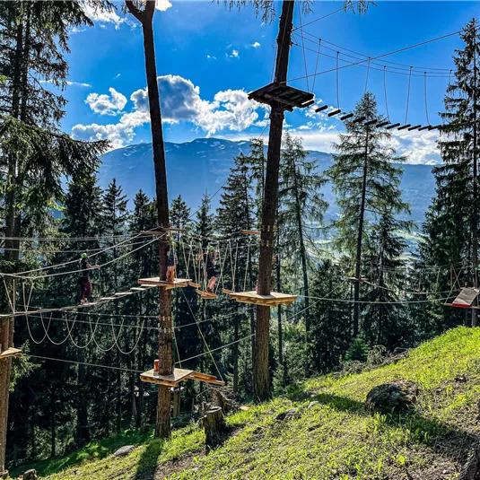 Ein Kletterpark in einem Wald mit Hochseilelementen. Die Sonne scheint zwischen den Bäumen durch und der Himmel ist blau mit einigen Wolken.
