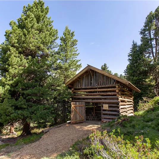 Eine rustikale Holzhütte umgeben von grünen Bäumen in der Natur. Der Himmel ist klar und blue, was eine friedliche Atmosphäre schafft.