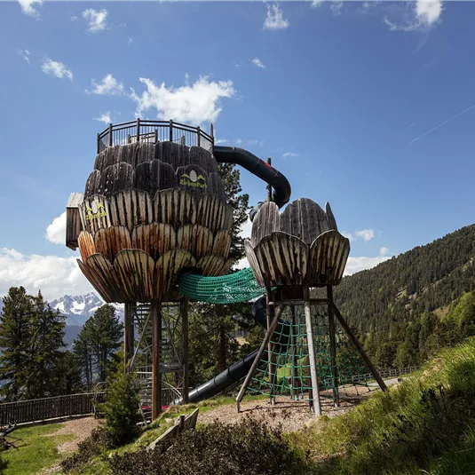 Ein Spielturm in Form von Blüten mit einer Rutsche in einer Berglandschaft. Umgeben von Bäumen und einem klaren Himmel.