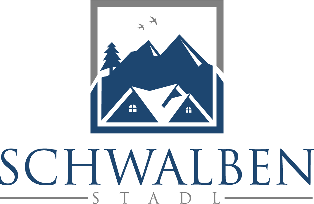 A stylized logo of "Schwalben Stadl" with mountains and trees. The inscription is in blue and conveys an alpine atmosphere.