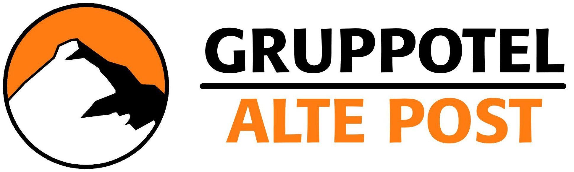 Ein Logo von GruppoTel Alte Post. Es zeigt eine stilisierte Hand und einen Berg in orange und schwarz.