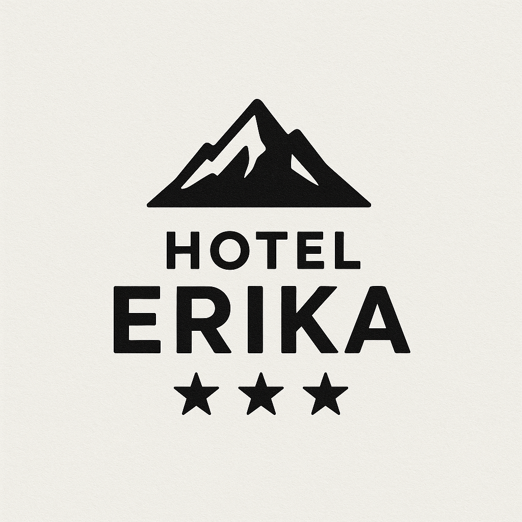 The logo of Hotel Erika with a mountain motif and three stars. It radiates an inviting and cozy atmosphere.
