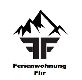 A simple logo with stylized mountains and the letters "F" and "T". Below it says "Ferienwohnung Flir" in clear, modern fonts.