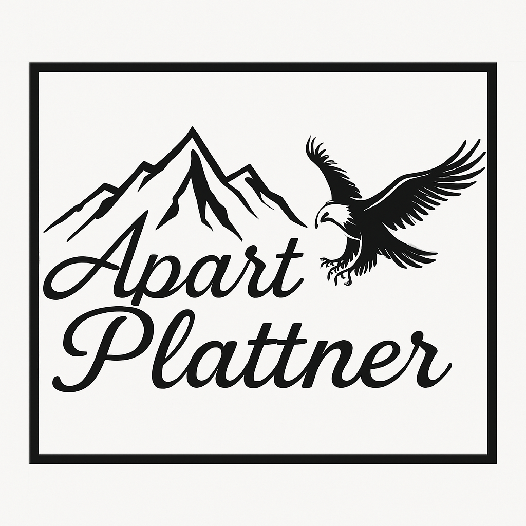 A logo with mountains and an eagle. The lettering "Apart Plattner" is presented in an elegant font.