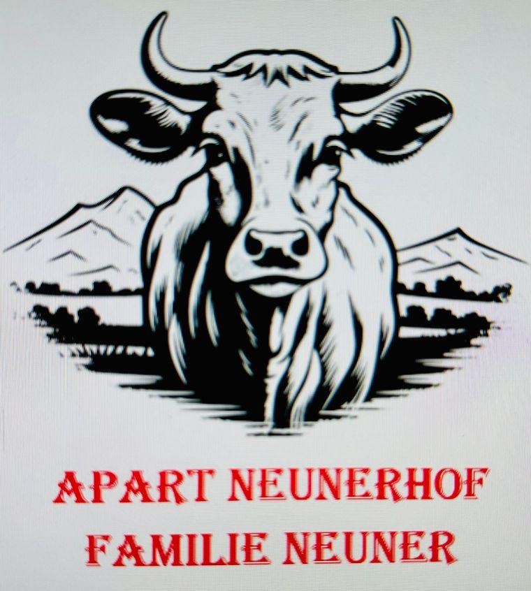 A black-and-white cow head with mountains in the background. Below it says "Apart Neunerhof Familie Neuner" in red text.