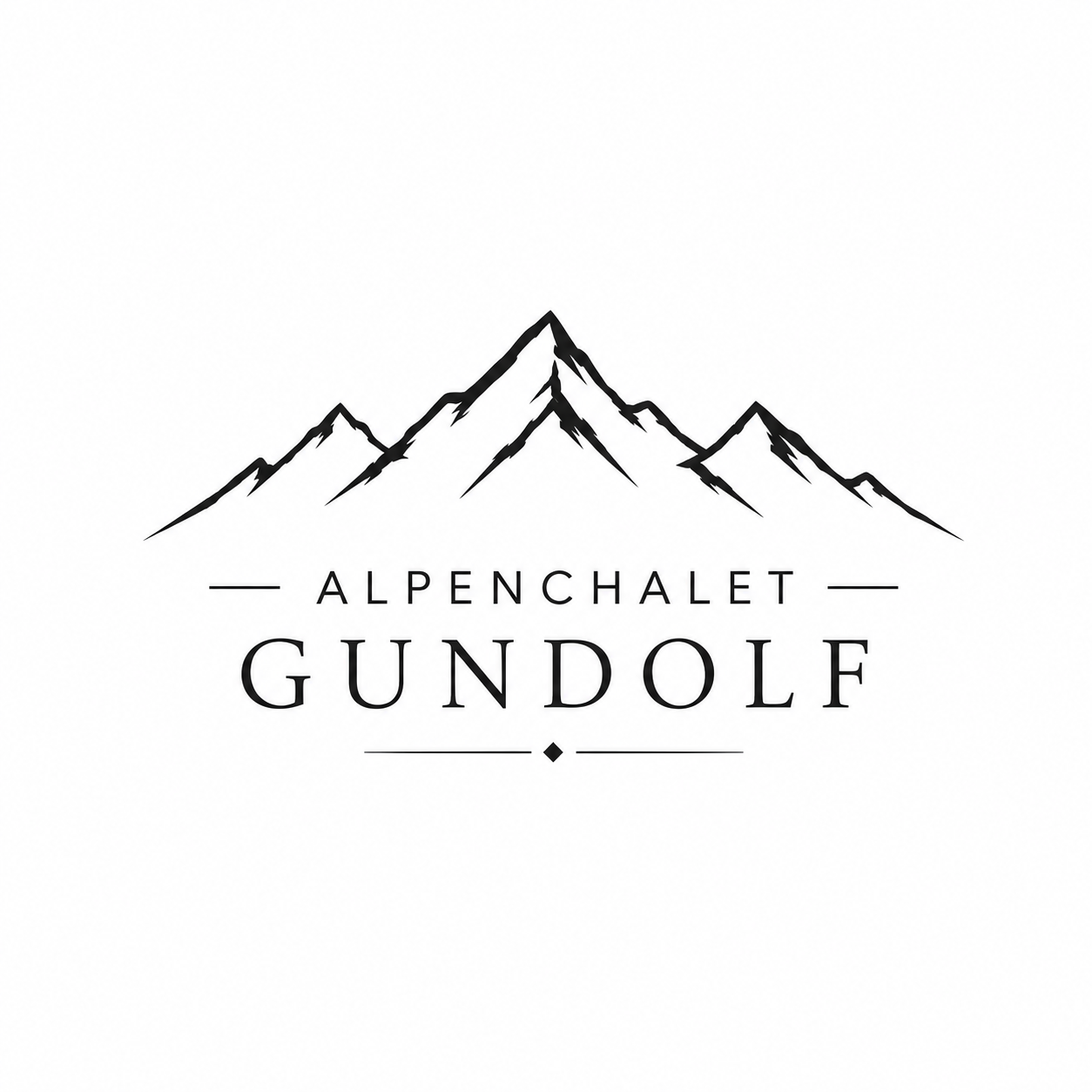 Ein stilisiertes Logo mit schneebedeckten Bergen. Der Schriftzug „Alpenchalet Gundolf“ ist darunter platziert.