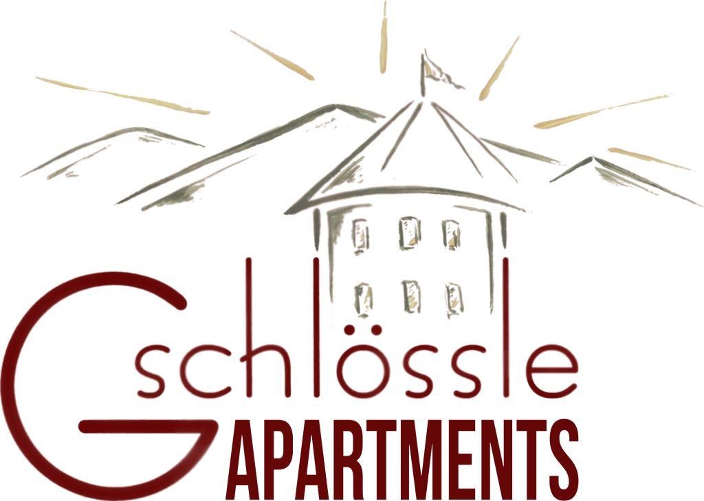 A logo with the inscription "Gschlössle Apartments". In the background, stylized mountains can be seen.