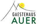 A simple logo of "Gästehaus Auer". It features a mountain with a sun and the inscription in green and white colors.