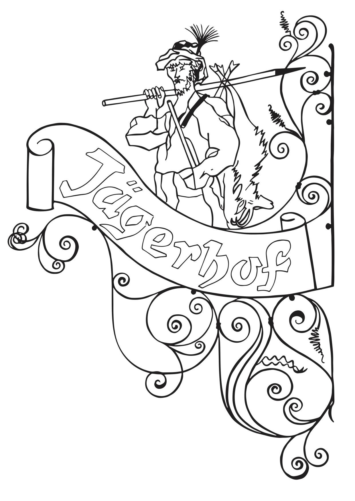 Monochrome drawing of a tavern sign with the inscription "Jägerhof". It features a hunter with a rifle and hunting trophy, surrounded by curved ornaments.