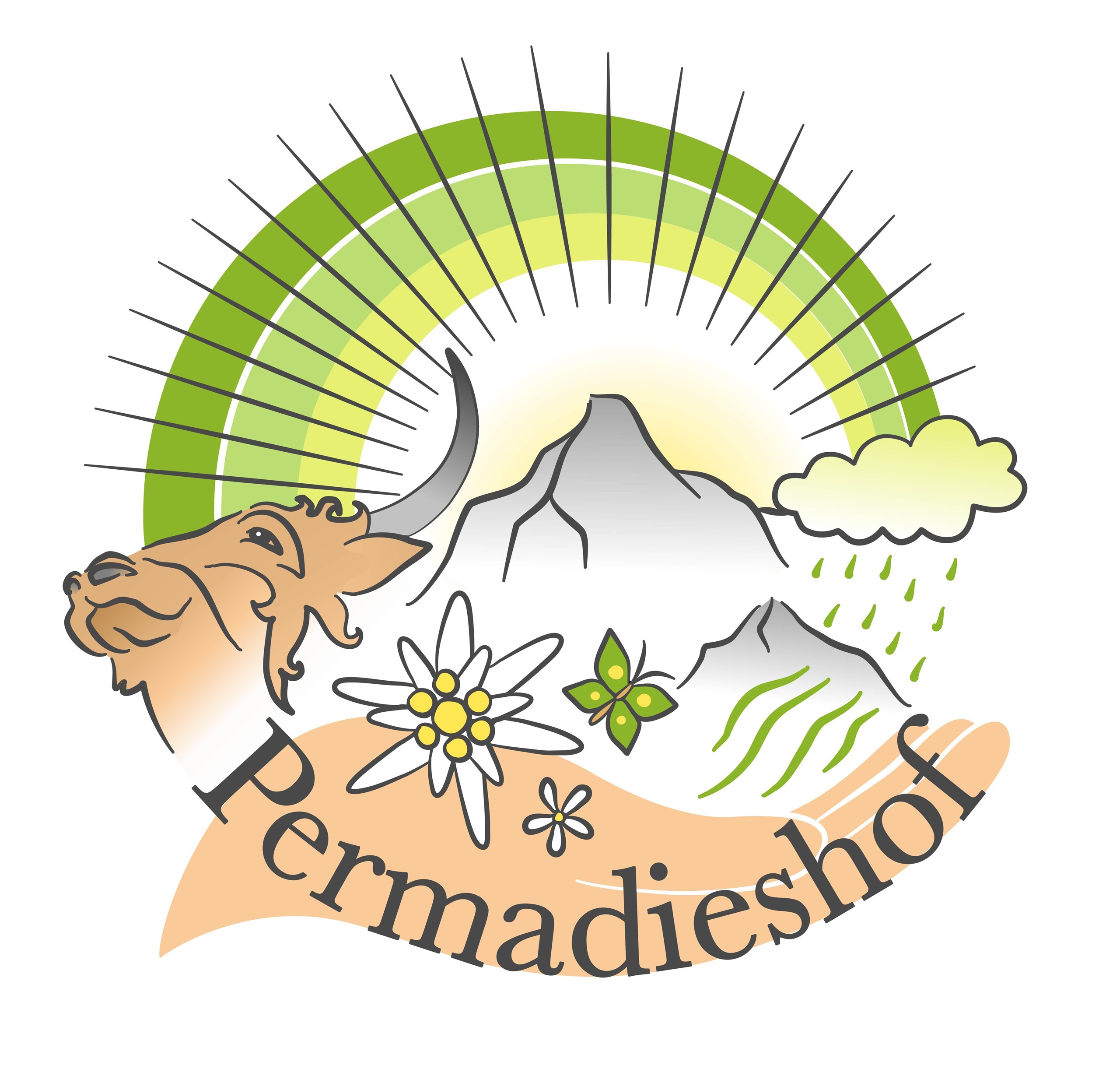 A colorful logo featuring a goat and mountains in the background. It showcases elements of nature, such as flowers and a rainbow.