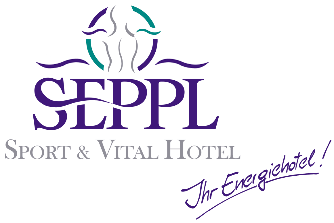 Das Logo des Sport- und Vitalhotels SEPPL zeigt elegante Schriftzüge in Lila und Grau. Es vermittelt ein Gefühl von Aktivität und Erholung.