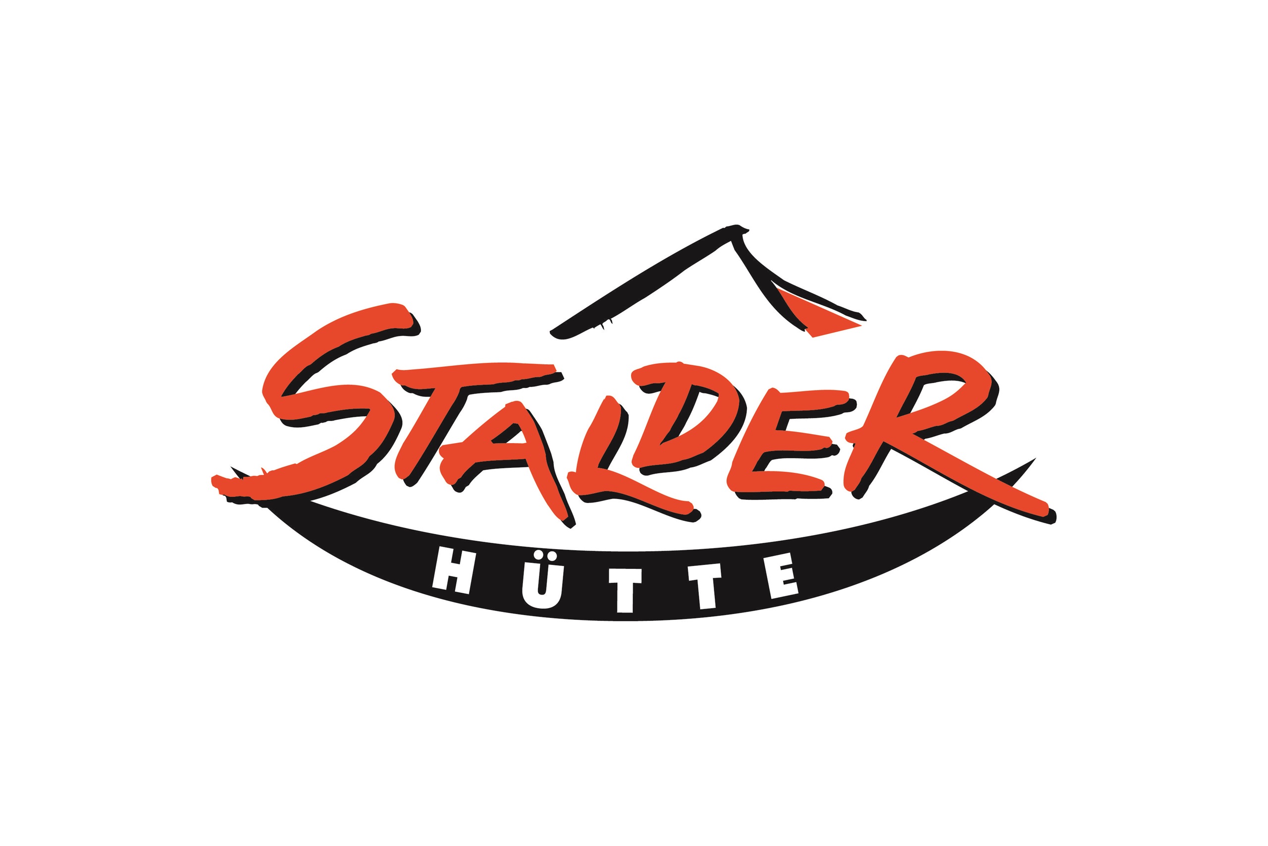 A distinctive logo with the inscription "Stalder Hütte". It features a combination of red and black letters as well as a stylized mountain silhouette.