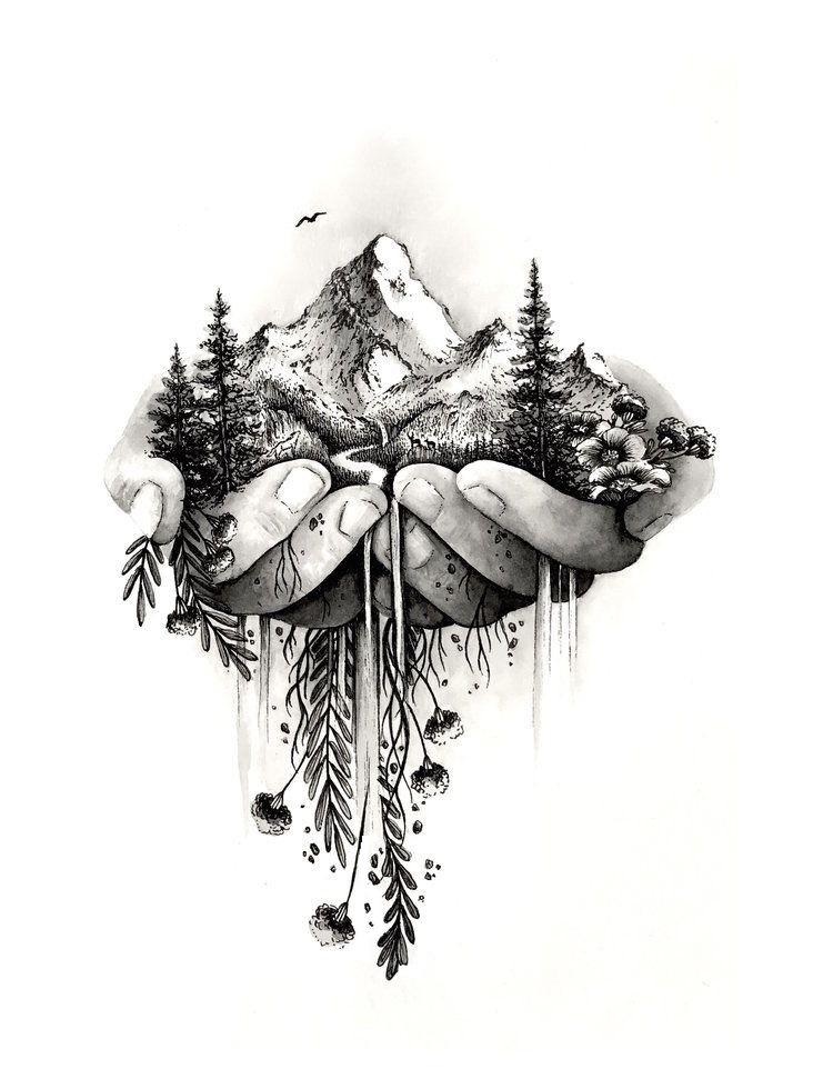 Two hands are holding a landscape with mountains and trees. The image conveys a sense of connection to nature and environmental protection.