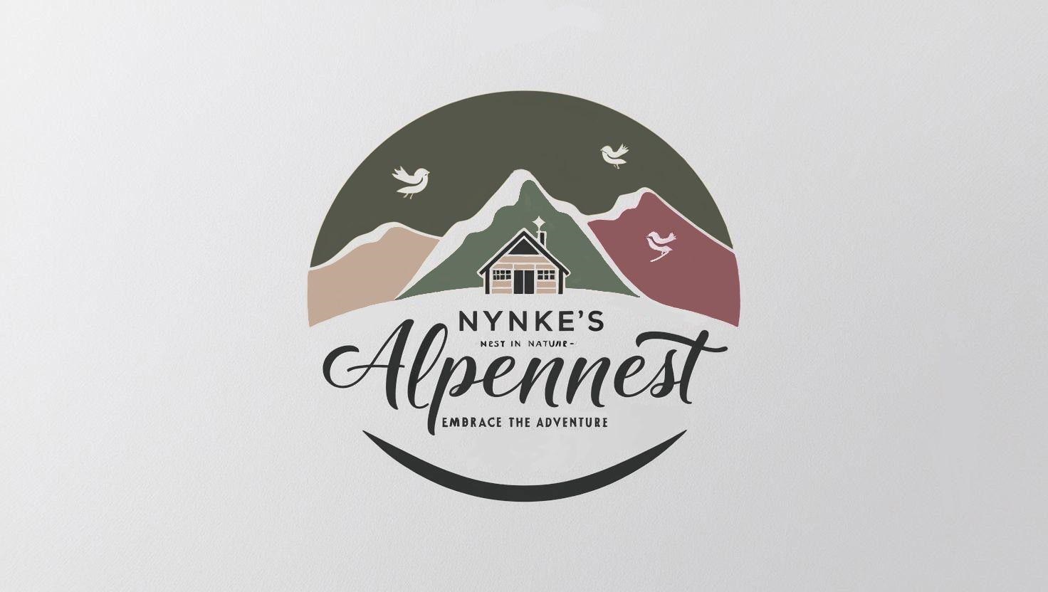 A round logo featuring mountains and a small house. The text "Nynke's Alpendnest – Embrace the Adventure" is integrated.