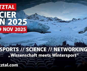 An impressive image of the Pitztal Glacier featuring a large seating area. The event "Glacier Open 2025" focuses on sports, science, and networking.