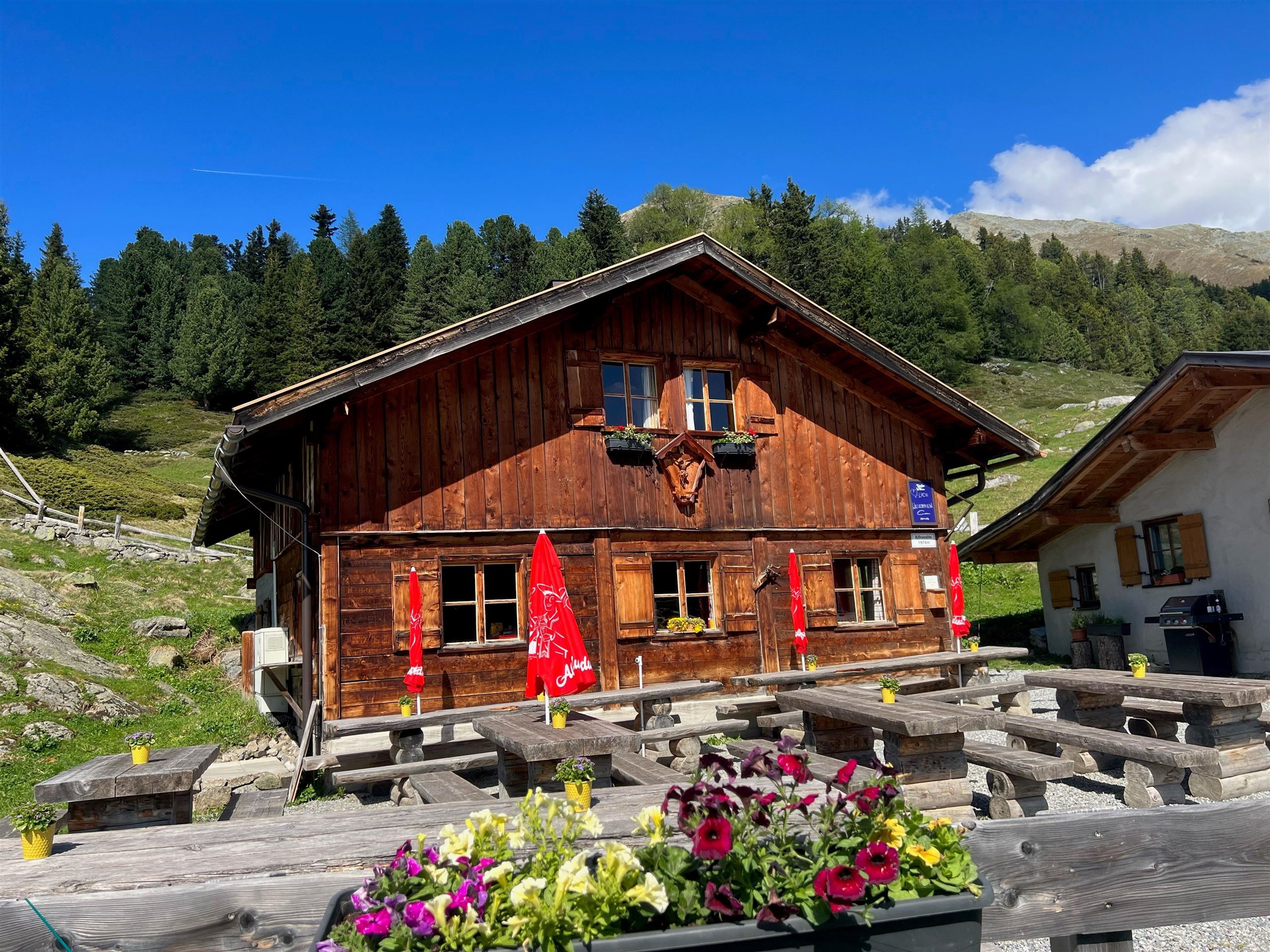 A cozy wooden mountain hut surrounded by green forests. Outdoor tables invite you to linger.