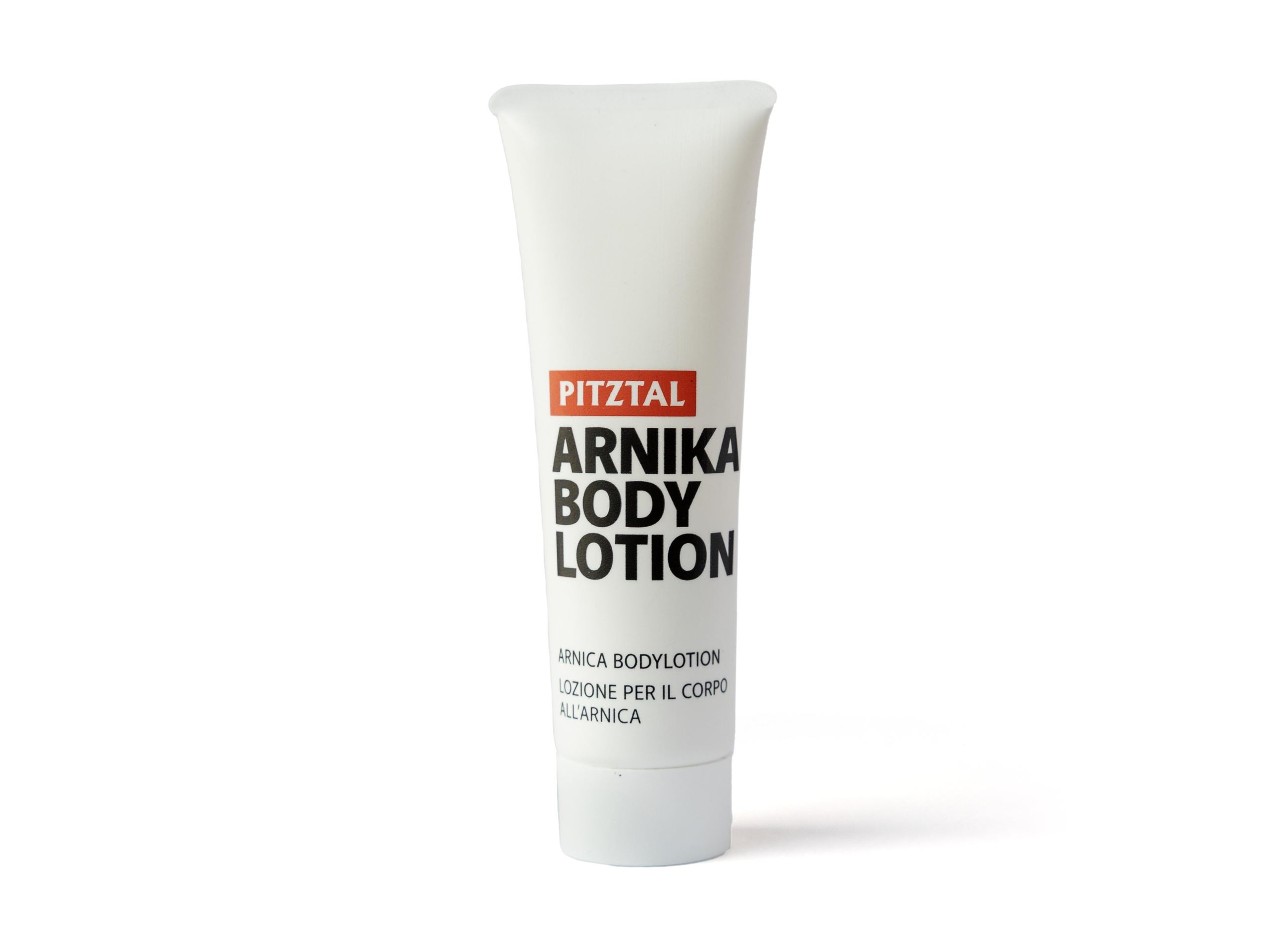Eine Tube Pitzal Arnika Körperlotion mit schlichtem design. Ideal zur Pflege der Haut nach sportlichen Aktivitäten.