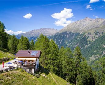Eine malerische Berghütte umgeben von grünen Wäldern und majestätischen Bergen. Der Himmel ist blau mit ein paar weißen Wolken.