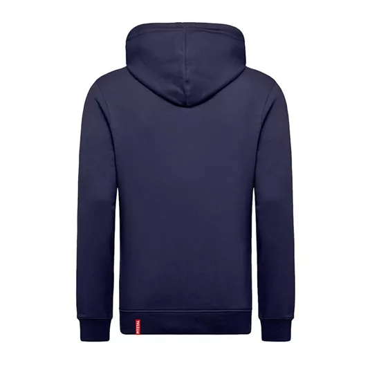A dark blue hoodie from the back. It has a casual fit and a simple, unadorned design.