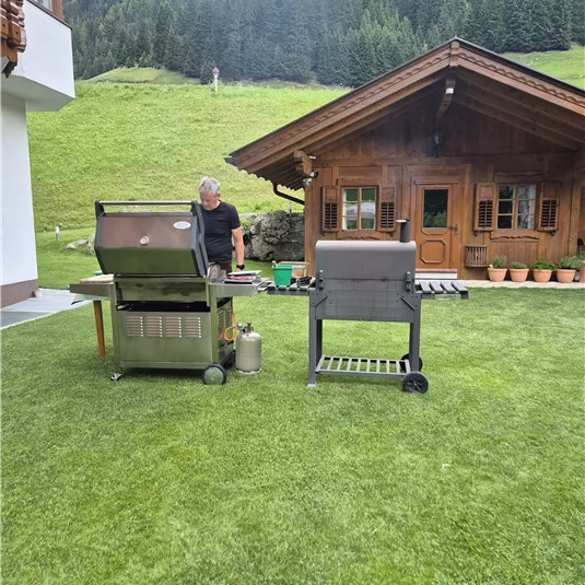 Ein schöner Garten mit einer Holzhütte und einem Grill. Im Hintergrund sind grüne Berge zu sehen.