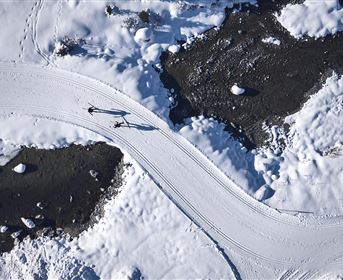 Eine kurvenreiche Schneestraße führt durch eine winterliche Landschaft. Im Hintergrund sind schneebedeckte Flächen und einige Felsen zu sehen.
