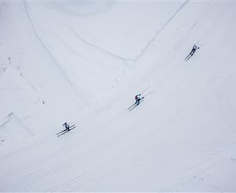 Eine winterliche Landschaft mit schneebedeckten Bergen und einem klaren blauen Himmel. Im Vordergrund führt ein verschneiter Weg durch die idyllische Umgebung.