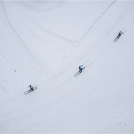 Eine winterliche Landschaft mit schneebedeckten Bergen und einem klaren blauen Himmel. Im Vordergrund führt ein verschneiter Weg durch die idyllische Umgebung.