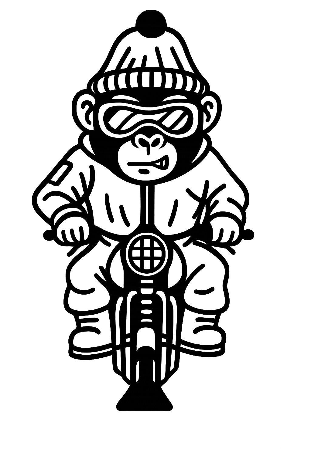 Ein stilisierter Affe fährt auf einem Motorrad. Er trägt eine Mütze und eine Sonnenbrille.