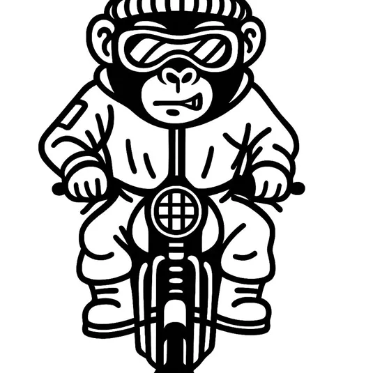Ein stilisierter Affe fährt auf einem Motorrad. Er trägt eine Mütze und eine Sonnenbrille.