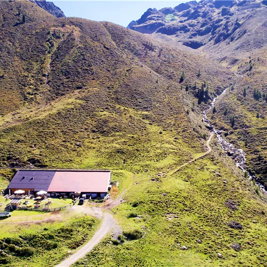 Eine malerische Berghütte umgeben von grünen Wäldern und majestätischen Bergen. Der Himmel ist blau mit ein paar weißen Wolken.