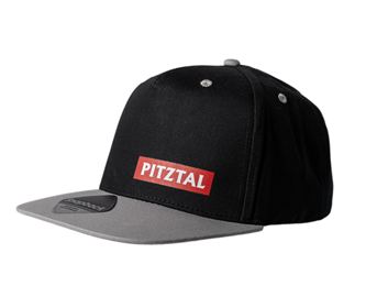 A black cap with a gray underside of the brim. On the front, there is the lettering "PITZTAL" in red.