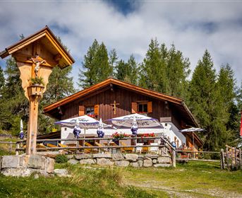 Eine gemütliche Berghütte umgeben von grünen Bäumen und majestätischen Bergen. Der Himmel ist klar und sonnig, ideal für einen entspannten Tag in der Natur.