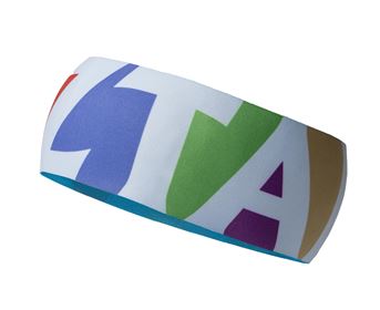 A wide hairband with colorful letters in various colors. It is ideal for sports activities or as a fashion accessory.