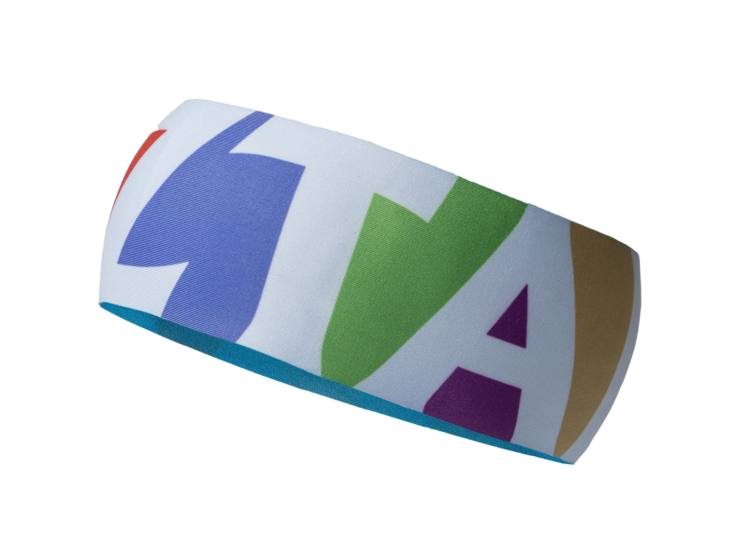 Ein breiter Haarreifen mit bunten Buchstaben in verschiedenen Farben. Er ist ideal für sportliche Aktivitäten oder als modisches Accessoire.