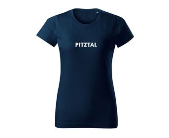 Ein dunkelblaues T-Shirt mit dem Aufdruck "PITZTAL" in Weiß. Es hat einen klassischen Schnitt für Damen.