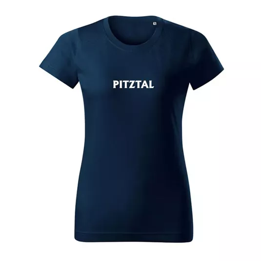 Ein dunkelblaues T-Shirt mit dem Aufdruck "PITZTAL" in Weiß. Es hat einen klassischen Schnitt für Damen.