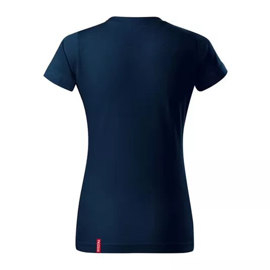 Ein dunkelblaues T-Shirt mit kurzen Ärmeln. Die Rückseite ist schlicht und ohne Muster.
