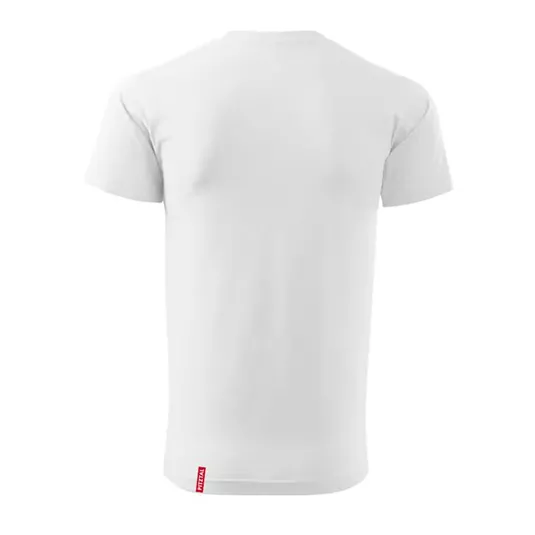A simple white T-shirt from the back. It has a classic cut and a small brand label at the bottom.