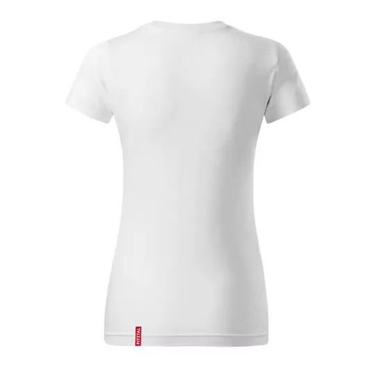 A simple, white T-shirt with a fitted cut. It shows the back view of the shirt.