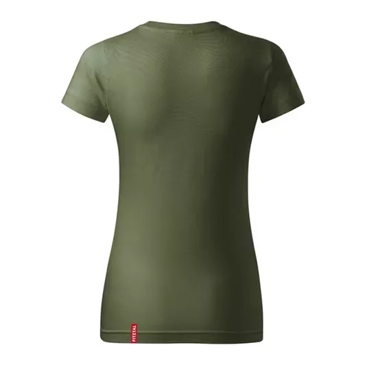 An olive green T-shirt with short sleeves and a simple design. It has a striking red patch on the hem.