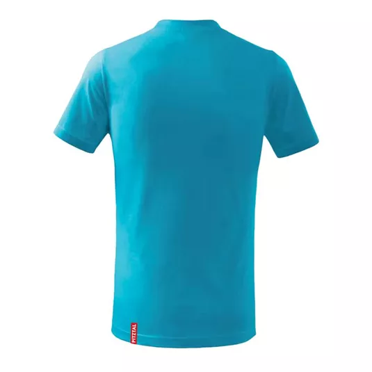 A simple turquoise T-shirt. It has short sleeves and a straight fit.