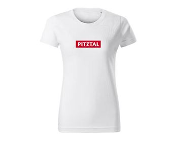 A white T-shirt with the print "PITZTAL" in red lettering. It has a simple design style.