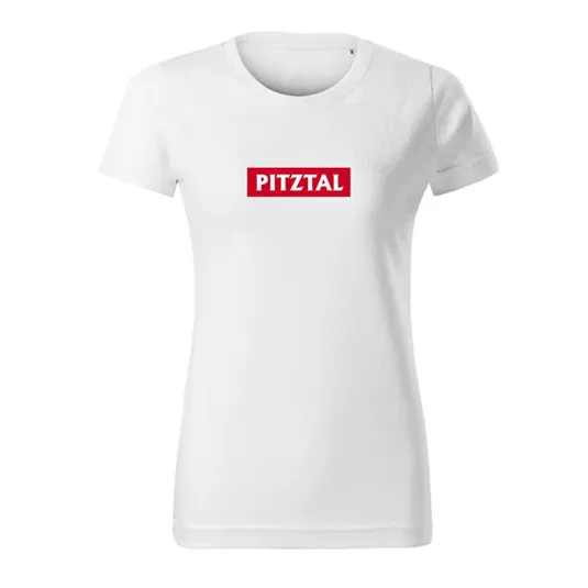 A white T-shirt with the print "PITZTAL" in red lettering. It has a simple design style.